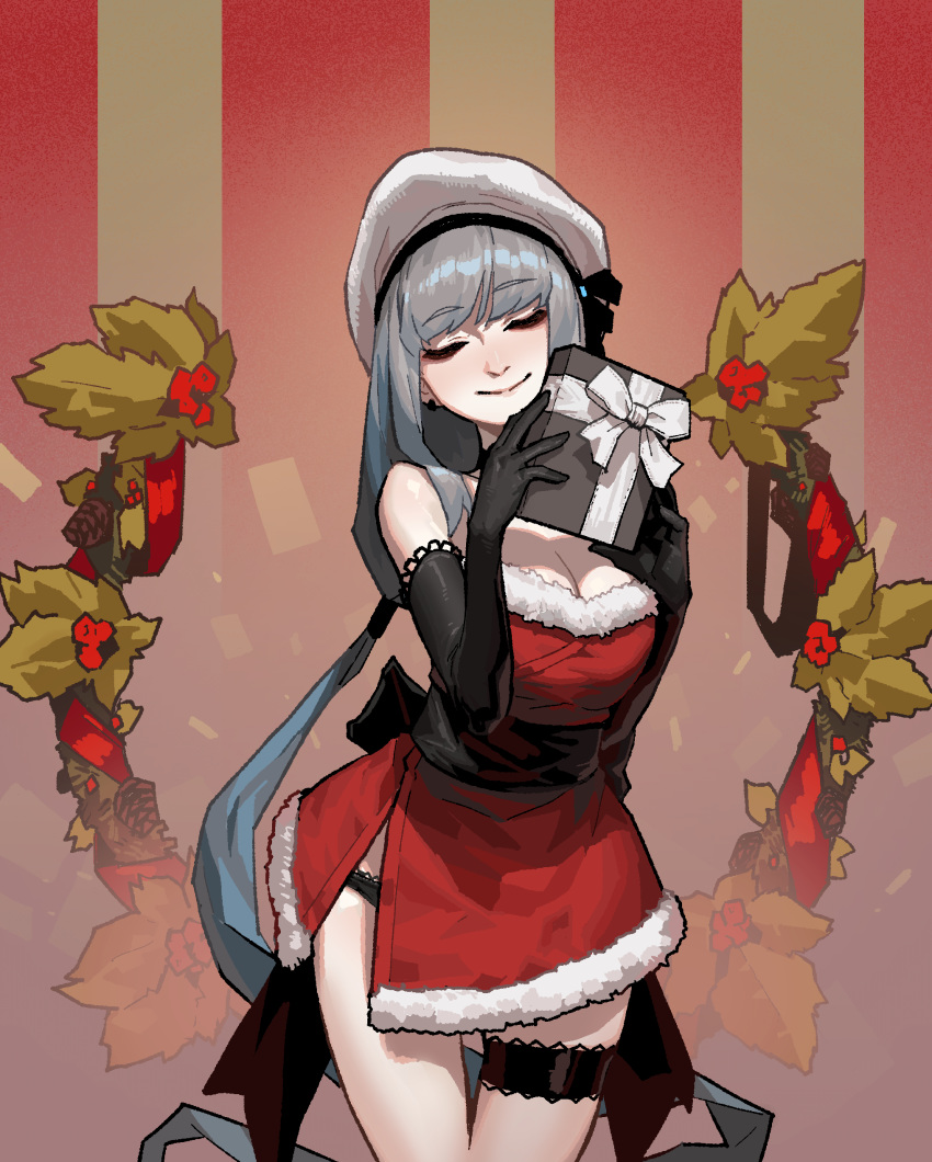 1girl absurdres black_gloves blue_hair breasts cleavage closed_eyes closed_mouth cowboy_shot dress earrings elbow_gloves eyebrows_visible_through_hair facing_viewer fur-trimmed_dress fur_trim gift gloves gogalking hands_up hat head_tilt highres holding holding_gift jewelry large_breasts long_hair low-tied_long_hair ophelia_(gogalking) original red_dress santa_dress short_dress smile solo standing very_long_hair white_headwear