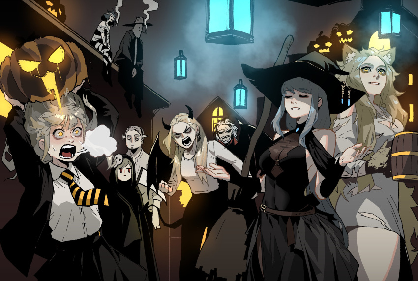 3boys 6+girls angry bare_shoulders beer_mug black_dress black_headwear black_jacket blonde_hair brakka_(gogalking) breasts breath broom cleavage closed_eyes collared_shirt cup dress earrings gogalking grey_hair hair_down halloween halloween_costume hands_up hat highres holding holding_cup horizontal_pupils horns jacket jacket_on_shoulders jewelry jitome junior_(gogalking) lantern lender_gregory_(gogalking) leonir_(gogalking) long_hair long_sleeves low-tied_long_hair low_ponytail mug multiple_boys multiple_girls necktie open_clothes open_jacket open_mouth ophelia_(gogalking) original rosna_(gogalking) school_uniform shirt sitting smile smoke standing striped striped_neckwear torn_clothes torn_shirt very_long_hair werewolf white_shirt wide-eyed wing_collar wings witch witch_costume witch_hat yellow_eyes