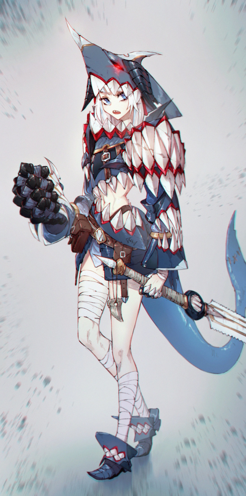 1girl abs absurdres adapted_costume alternate_height armor bandaged_leg bandages blue_eyes clenched_hand english_commentary gawr_gura helmet highres holding holding_sword holding_weapon hololive hololive_english jin_grey_paladin looking_at_viewer navel open_mouth redesign shark_tail sharp_teeth solo sword tail teeth virtual_youtuber walking weapon white_hair