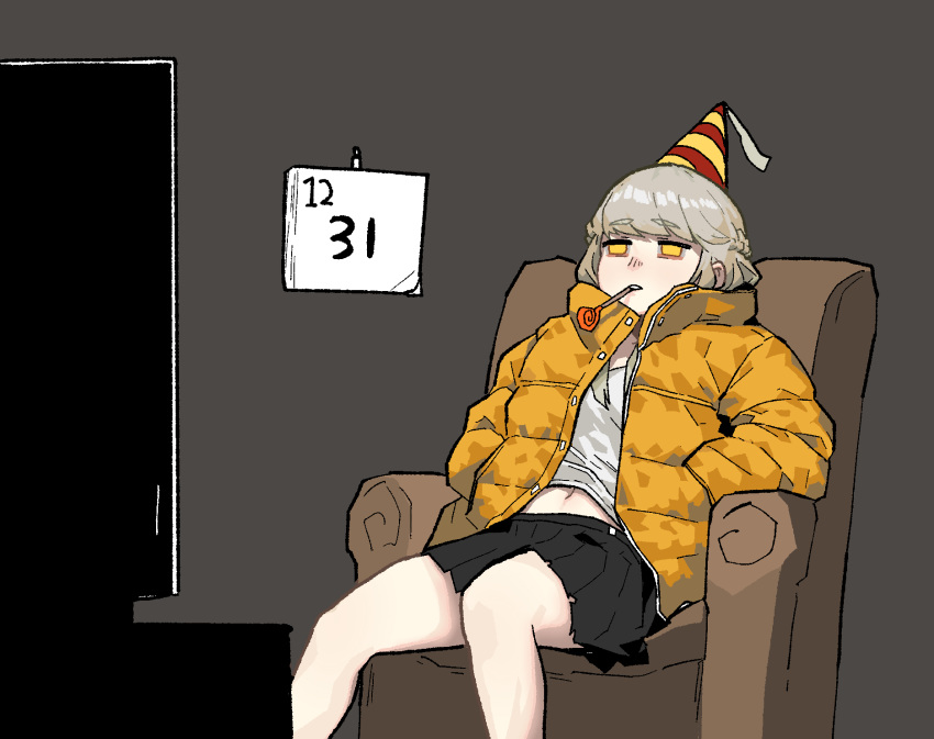 1girl armchair black_skirt braid calendar_(object) chair closed_mouth commentary empty_eyes eyebrows_visible_through_hair gogalking grey_background grey_hair hat highres jacket jitome junior_(gogalking) midriff miniskirt navel new_year new_year's_eve open_clothes open_jacket original party_hat party_horn pleated_skirt sad shirt simple_background sitting skirt solo symbol_commentary television white_shirt yellow_eyes yellow_jacket