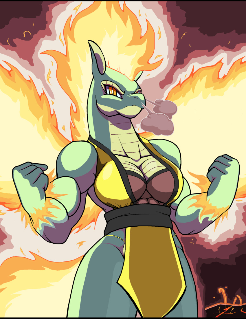 absurd_res alternate_costume anthro bottomless breasts cleavage clothed clothing dragon droll3 female fire flaming_hair flaming_mane flaming_tail flaming_wings hi_res longma non-mammal_breasts pseudo_hair pseudo_mane reptile scalie smoke_from_nose solo them's_fightin'_herds tianhuo_(tfh) wings