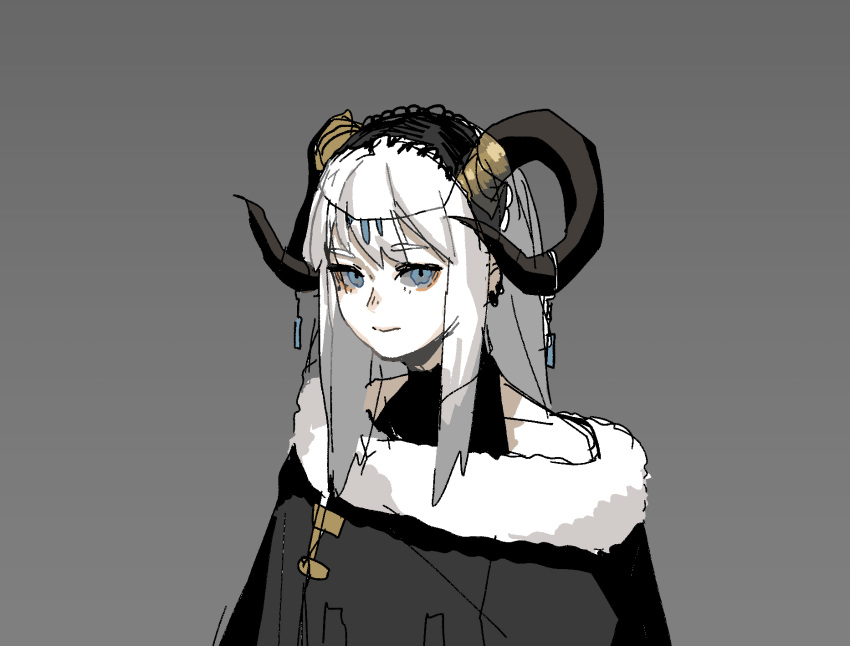 1girl blue_eyes closed_mouth curled_horns gogalking grey_background highres horn_ornament horn_ring horns looking_at_viewer original sheep_girl_(gogalking) sheep_horns simple_background sketch smile solo upper_body