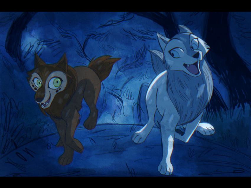 2020 blue_eyes canid canine canis cartoon_saloon duo female female/female feral forest freckles fur green_eyes grey_body grey_fur hi_res mammal mebh_og_mactire red_body red_fur robyn_goodfellowe runiiko running tree wolf wolfwalkers