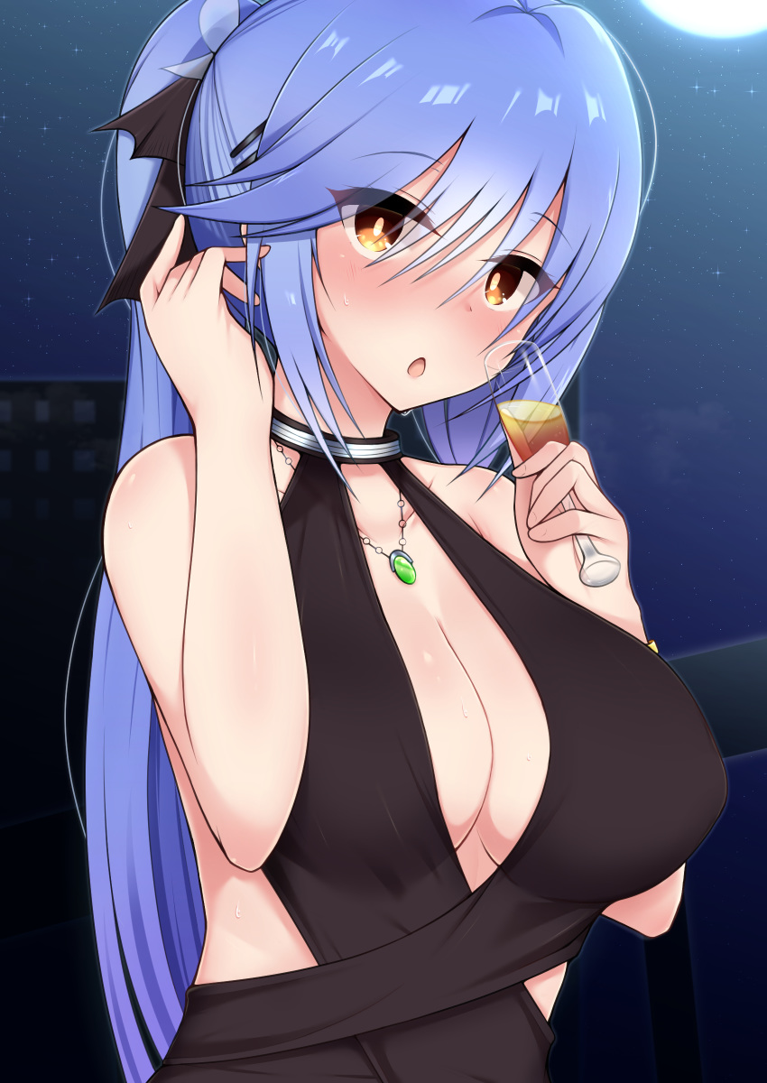 1girl absurdres alcohol azur_lane bare_shoulders black_dress black_ribbon blue_hair blush breasts center_opening champagne champagne_flute cleavage cup dress drinking_glass drunk essex_(azur_lane) essex_(craft_fairytail)_(azur_lane) evening_gown eyebrows_visible_through_hair hair_between_eyes hair_ribbon halter_dress highres holding holding_cup large_breasts long_hair looking_at_viewer moon ribbon sleeveless sleeveless_dress solo sura_sura yellow_eyes