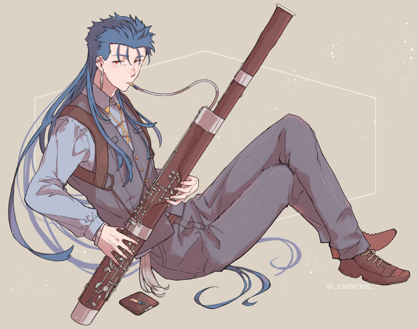 1boy bassoon blue_hair bracelet collared_shirt crossed_legs cu_chulainn_(fate)_(all) cu_chulainn_(fate/grand_order) dress_shoes earrings fate/grand_order fate_(series) full_body instrument jewelry long_hair male_focus music pants playing_instrument red_eyes shirt solo spiked_hair tozakuro_s type-moon vest