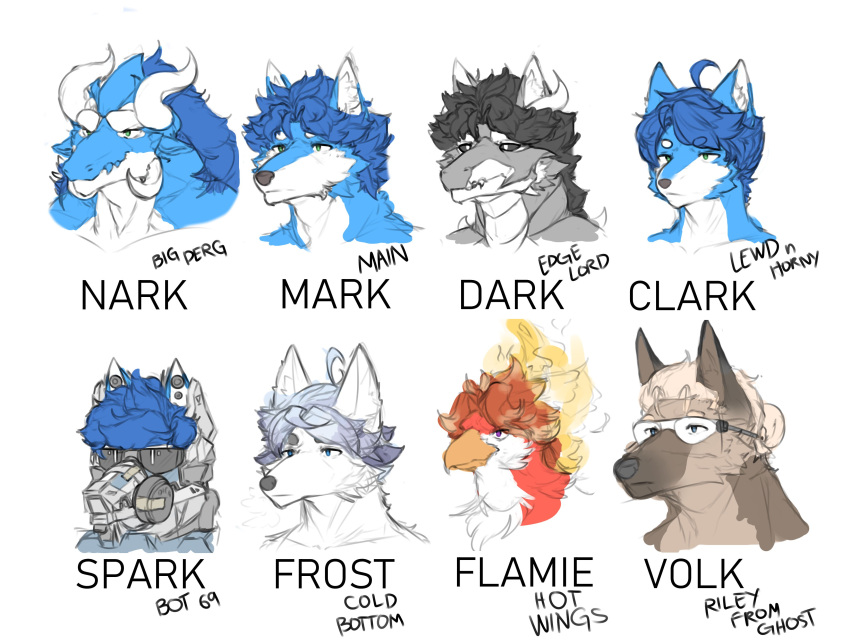 2020 absurd_res ambiguous_gender anthro avian black_hair blonde_hair blue_hair canid canine colored_sketch dragon english_text fire fur grey_hair group hair hi_res horn male mammal mark_(marvolk) marvolk multicolored_body multicolored_fur sketch smile text