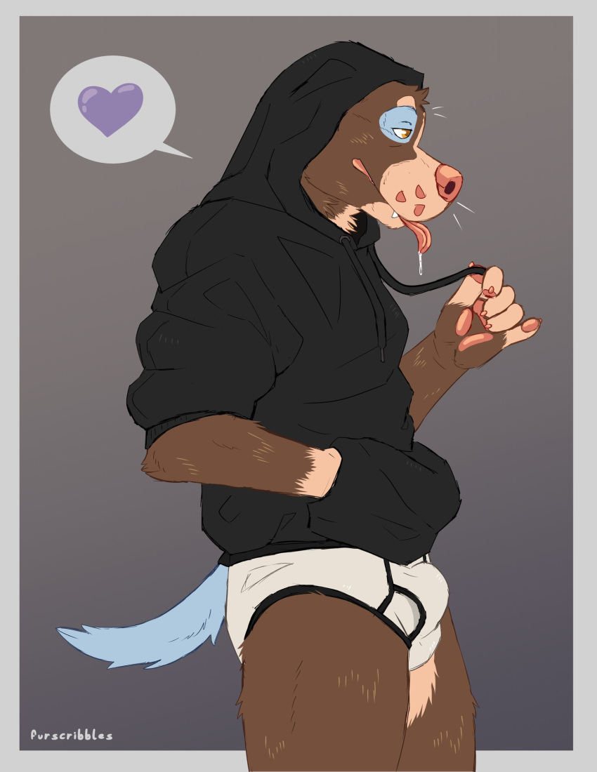 anthro black_clothing black_hoodie black_topwear briefs bulge canid canine canis clothing domestic_dog drawyourfursona furscribbles hi_res hoodie hoodie_meme male mammal meme meme_clothing solo standing tongue tongue_out topwear underwear white_clothing white_underwear