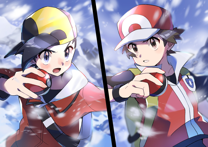 2boys absurdres backwards_hat baseball_cap black_wristband blush brown_eyes brown_hair commentary_request ethan_(pokemon) hat highres holding holding_poke_ball jacket male_focus mountain multiple_boys open_mouth poke_ball poke_ball_(basic) pokemon pokemon_(game) pokemon_hgss pon_yui red_(pokemon) short_sleeves snowing split_screen teeth tongue vs_seeker wristband