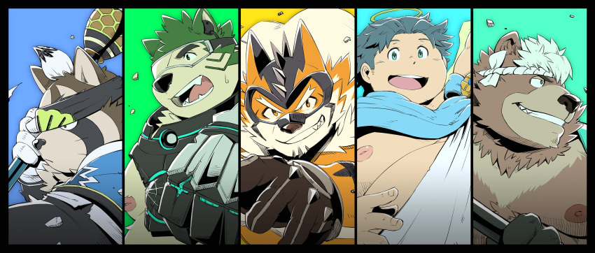 2020 angel anthro brown_body brown_fur canid canine canis domestic_dog felid fur goro_(live-a-hero) green_body green_fur hi_res human humanoid_hands kemono live-a-hero loren_(live-a-hero) male mammal mokdai moobs nipples noko_illust overweight overweight_male pantherine raccoon_dog raiki shoen tanuki tiger ursid video_games visor