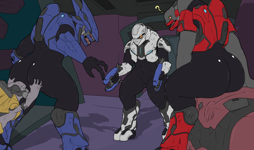 absurd_res alien annoyed anthro armor big_butt bodily_fluids butt butt_grab colored female grey_body grey_skin group halo_(series) hand_on_butt headgear hi_res humanoid looking_back looking_confused male methados microsoft not_furry sangheili size_difference sweat thick_thighs unggoy video_games xbox_game_studios yellow_eyes