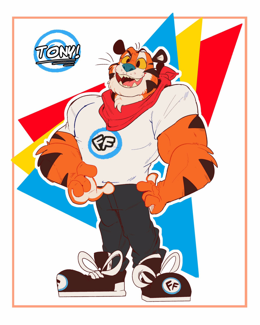 2020 anthro blue_nose border felid frosted_flakes fur hi_res jaygo kellogg's male mammal mascot muscular muscular_anthro pantherine simple_background solo stripes tiger tony_the_tiger white_border