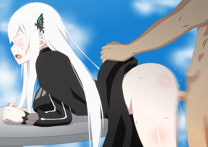 1boy 1girl back bangs black_capelet black_dress blue_sky blush breasts butterfly_hair_ornament capelet closed_eyes dark_skin dark_skinned_male dress echidna_(re:zero) hair_ornament hara_(harayutaka) hetero highres large_breasts long_hair long_sleeves open_mouth penis re:zero_kara_hajimeru_isekai_seikatsu sex silver_hair sky striped vertical-striped_dress vertical_stripes white_eyelashes white_hair