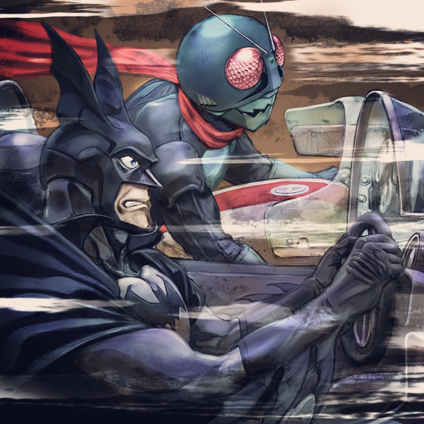 animal_ears bat_ears batman batman_(series) batmobile commentary commentary_request crossover dc_comics driving epic gloves ground_vehicle helmet igunuk kamen_rider kamen_rider_1 mask motion_lines motor_vehicle motorcycle realistic riding scarf steering_wheel western_comics windshield