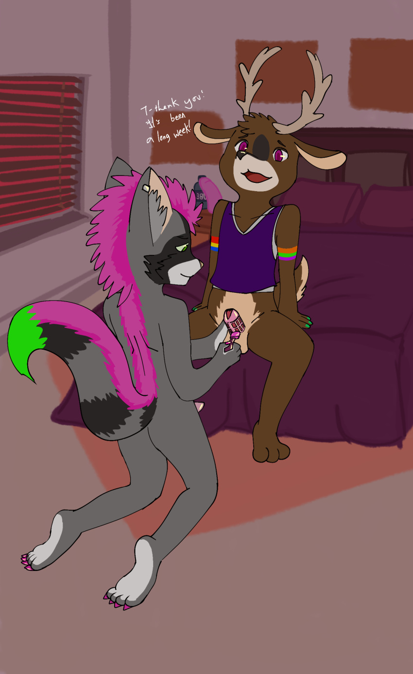 anthro antlers bed bedroom bottomless cervid chastity_cage chastity_device clothed clothing colored_nails crop_top crouching duo ear_piercing ethan_bedlam furniture girly green_hair hair hi_res hirokitty horn keyholder male male/male mammal mohawk_(disambiguation) nails nude paws piercing pink_hair procyonid punk raccoon rainbow shirt tara_voxis teenager text topwear young