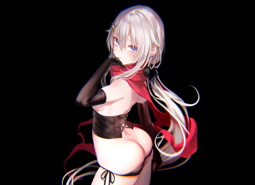 9a-91_(girls_frontline) ass black blue_eyes cropped elbow_gloves girls_frontline gloves long_hair no_bra panties pottsness scarf underwear white_hair