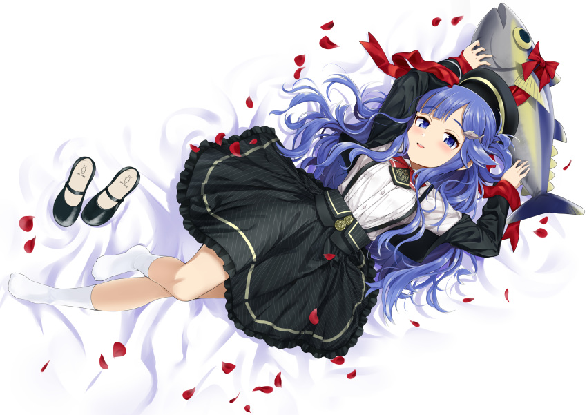 1girl absurdres asari_nanami bangs bed_sheet black_footwear black_headwear black_jacket black_skirt blue_eyes blue_hair blush bow commentary_request cropped_jacket diagonal-striped_skirt eyebrows_visible_through_hair frilled_skirt frills from_above full_body hair_ornament hairclip hat highres idolmaster idolmaster_cinderella_girls jacket knee_up kneehighs long_hair long_sleeves looking_at_viewer lying mary_janes nutsiqu on_back open_mouth petals red_bow red_neckwear red_ribbon ribbon shirt shoes shoes_removed skirt smile socks solo stuffed_animal stuffed_fish stuffed_toy suspender_skirt suspenders upper_teeth wavy_hair white_legwear white_shirt