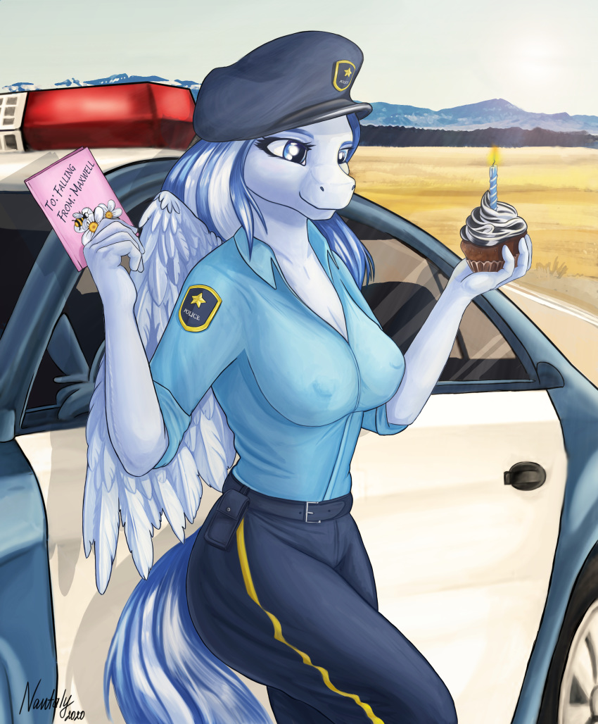 absurd_res anthro badge birthday blue_body blue_eyes blue_fur candle car clothing cupcake desert equestrian equid equine feathered_wings feathers female food fur hair hasbro hi_res horse mammal multicolored_hair multicolored_tail my_little_pony nantaly nipple_outline nipples pegasus police police_badge police_car police_hat police_officer police_uniform pony solo uniform vehicle wings