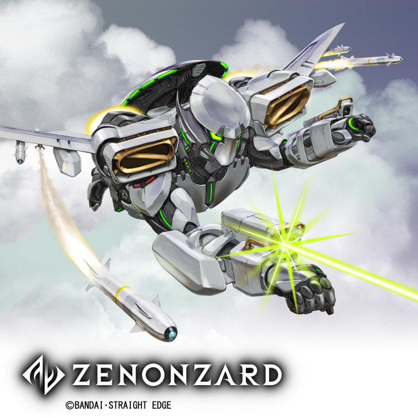 aiming arm_cannon bandai battle cloud commentary commentary_request condensation_trail energy_beam energy_cannon firing flying igunuk logo mecha missile missile_pod original realistic science_fiction thrusters weapon wings zenonzard