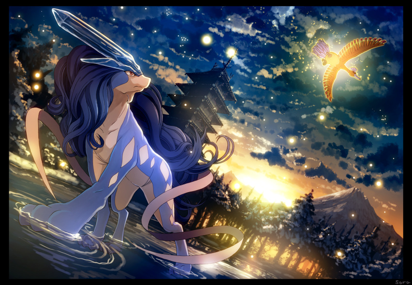 alternate_color building closed_mouth cloud commentary flying gen_2_pokemon ho-oh karamimame legendary_pokemon looking_back night no_humans outdoors pokemon pokemon_(creature) shiny_pokemon sky suicune tower tree wading water