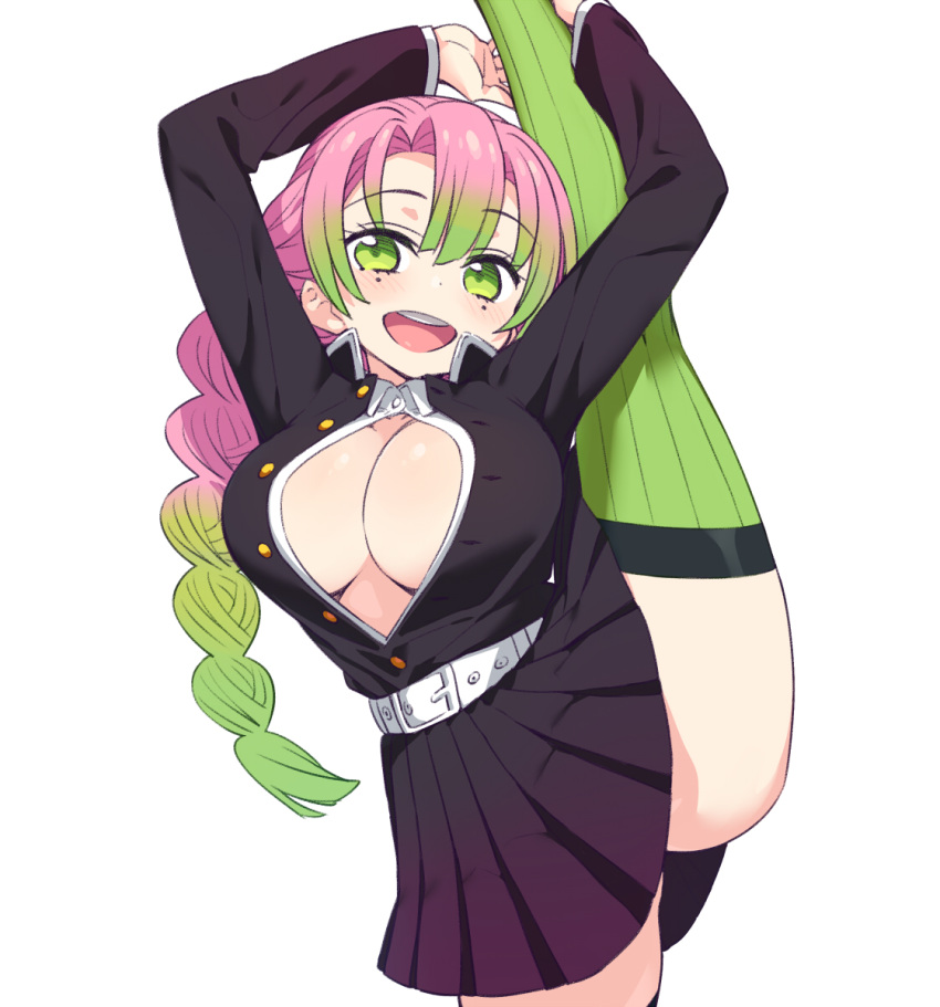 1girl arms_up bangs belt black_jacket black_skirt braid breasts chan_co collared_shirt eyebrows_visible_through_hair green_eyes green_hair green_legwear hair_between_eyes highres jacket kanroji_mitsuri kimetsu_no_yaiba large_breasts long_hair long_sleeves looking_at_viewer miniskirt mole mole_under_eye no_bra open_clothes open_jacket open_mouth open_shirt pink_hair pleated_skirt round_teeth shirt simple_background skirt smile solo split standing standing_on_one_leg standing_split teeth thighhighs thighs upper_teeth white_background white_belt white_shirt