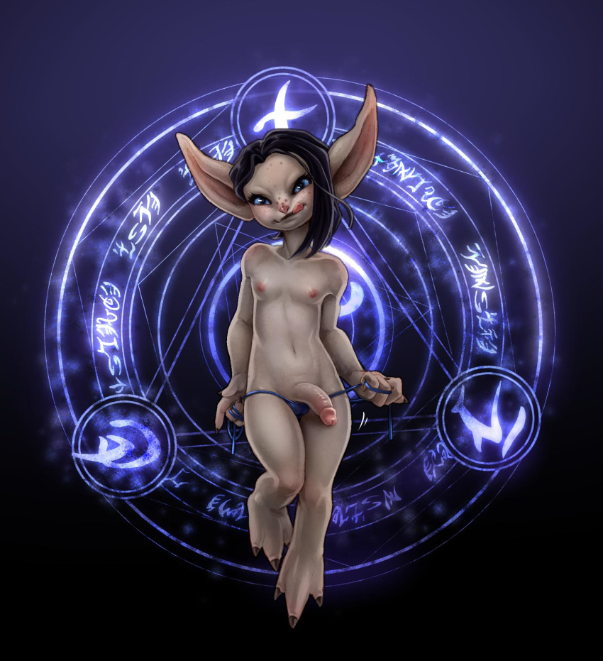 2019 asura barelynsfw_(artist) blue_eyes breasts camel_toe clothed clothing female flat_chested genitals grey_body grey_skin guild_wars half-erect herm hi_res humanoid intersex lani licking licking_lips long_ears navel panties penis sackless side-tie_panties small_breasts solo tongue tongue_out topless underwear video_games