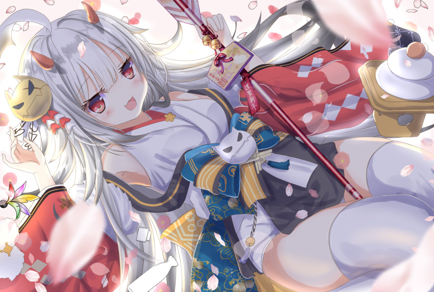 1girl :d ahoge arrow_(projectile) aruka_(alka_p1) azur_lane bangs bare_shoulders bell blue_bow blurry blurry_foreground bow commentary_request depth_of_field detached_sleeves dutch_angle ema eyebrows_visible_through_hair flower hair_between_eyes hair_ornament hamaya hibiki_(azur_lane) hibiki_(new_year's_little_imp)_(azur_lane) highres holding holding_arrow horns japanese_clothes jingle_bell kagami_mochi kimono long_hair long_sleeves looking_at_viewer new_year open_mouth petals red_eyes red_flower red_sleeves revision shuttlecock silver_hair sitting sleeveless sleeveless_kimono smile solo thighhighs very_long_hair wariza white_kimono white_legwear wide_sleeves