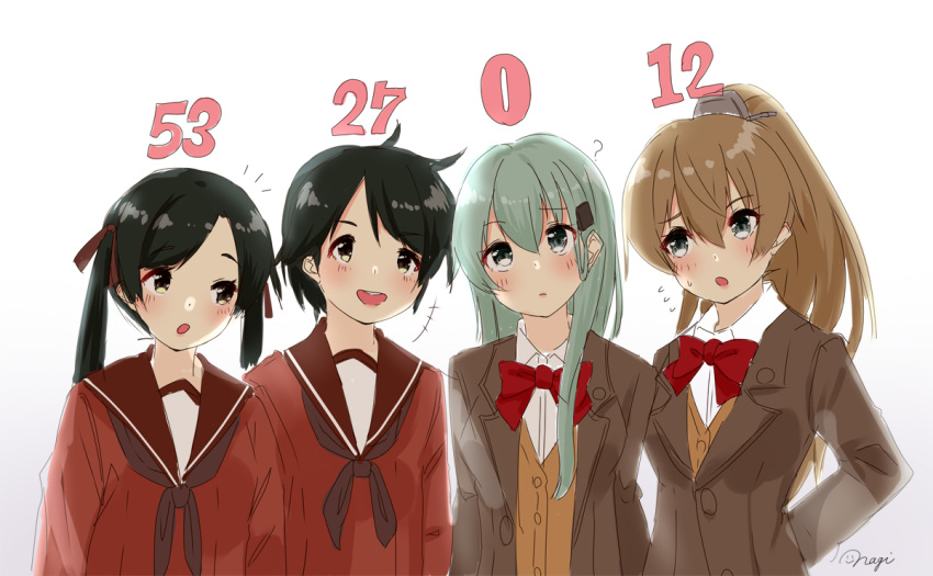 4girls aqua_eyes aqua_hair black_hair black_neckwear blazer bow bowtie brown_eyes brown_hair brown_jacket brown_sailor_collar brown_serafuku cardigan commentary_request green_eyes hair_ornament hairclip jacket kantai_collection kumano_(kantai_collection) long_hair long_sleeves looking_at_viewer mikuma_(kantai_collection) mogami_(kantai_collection) multiple_girls nagi_(shunsuke-manage) neckerchief number ponytail red_neckwear remodel_(kantai_collection) sailor_collar school_uniform serafuku short_hair simple_background suzuya_(kantai_collection) twintails upper_body white_background