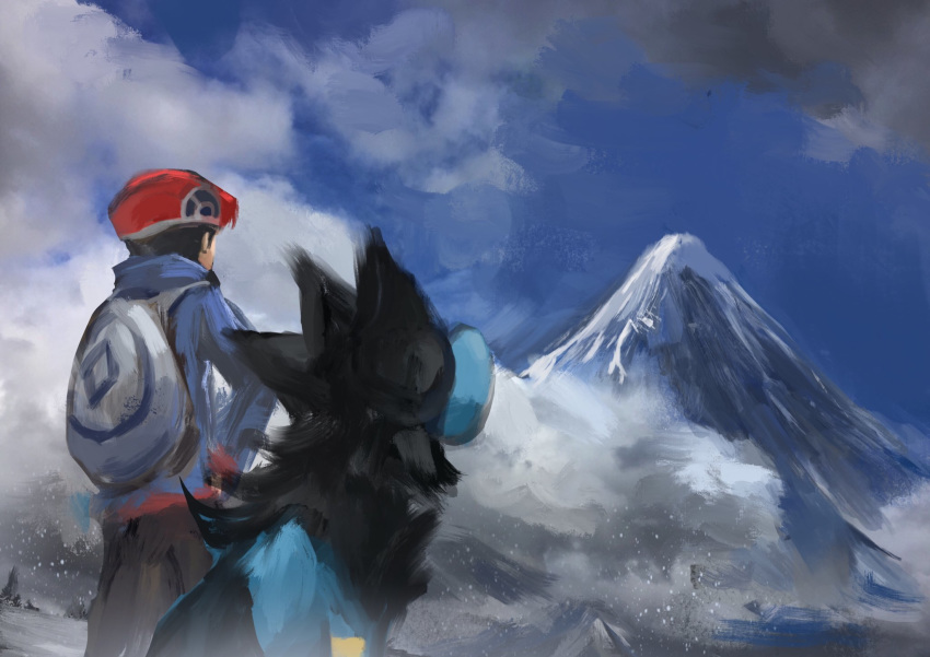 1boy backpack bag blue_jacket cloud commentary_request day from_behind gen_4_pokemon hat highres jacket long_sleeves lucas_(pokemon) luxray mountain outdoors pants pokemon pokemon_(creature) pokemon_(game) pokemon_dppt pokemon_platinum red_headwear rii2 sky standing