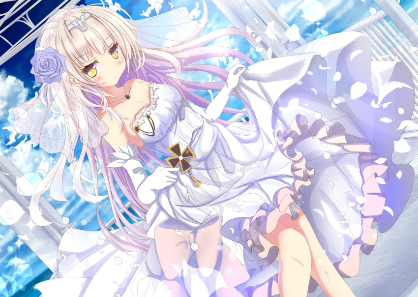 1girl alternate_costume aruka_(alka_p1) azur_lane bird breasts bridal_veil cloud collarbone commentary_request dove dress dress_lift dutch_angle elbow_gloves feathers flower gloves hair_flower hair_ornament iron_cross jewelry long_hair looking_at_viewer mole mole_under_eye necklace ocean off-shoulder_dress off_shoulder petals revision silver_hair sky smile solo veil wedding_dress white_gloves white_hair wind yellow_eyes z46_(azur_lane)