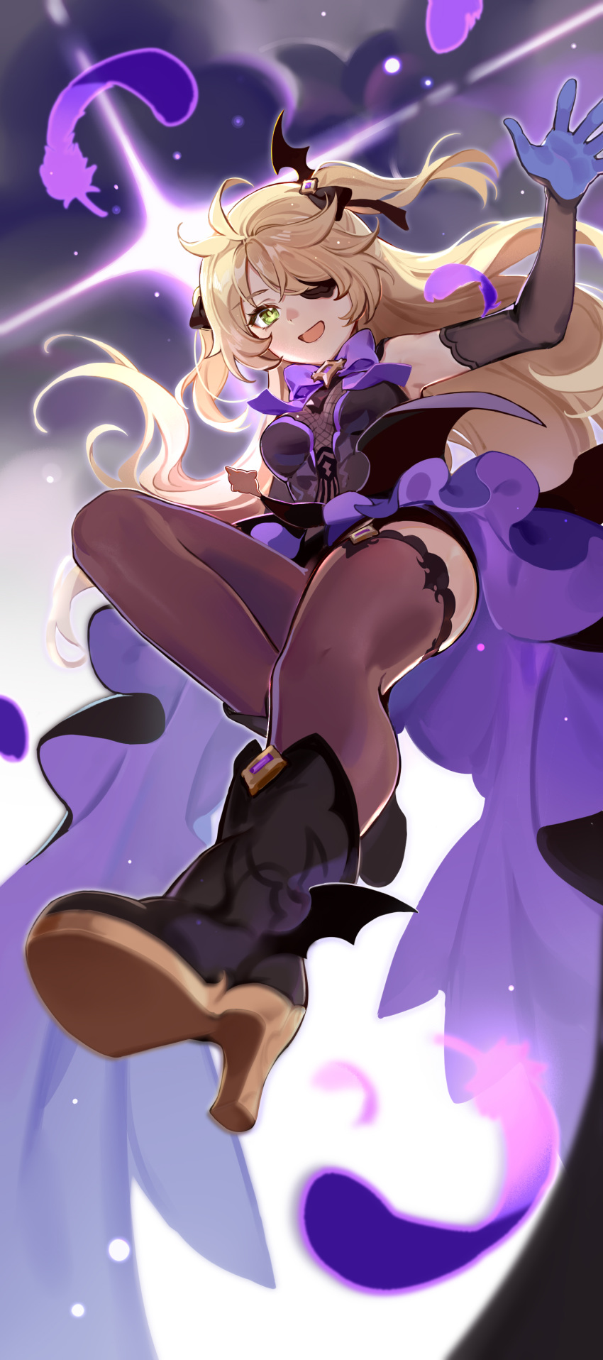 1girl :d absurdres atuoyima backlighting blonde_hair boots breasts dress elbow_gloves eyepatch feathers fischl_(genshin_impact) fishnets foreshortening from_below full_body garter_straps genshin_impact gloves green_eyes hair_ribbon high_heel_boots high_heels highres leg_up long_hair medium_breasts open_mouth ribbon smile solo thighhighs two_side_up very_long_hair