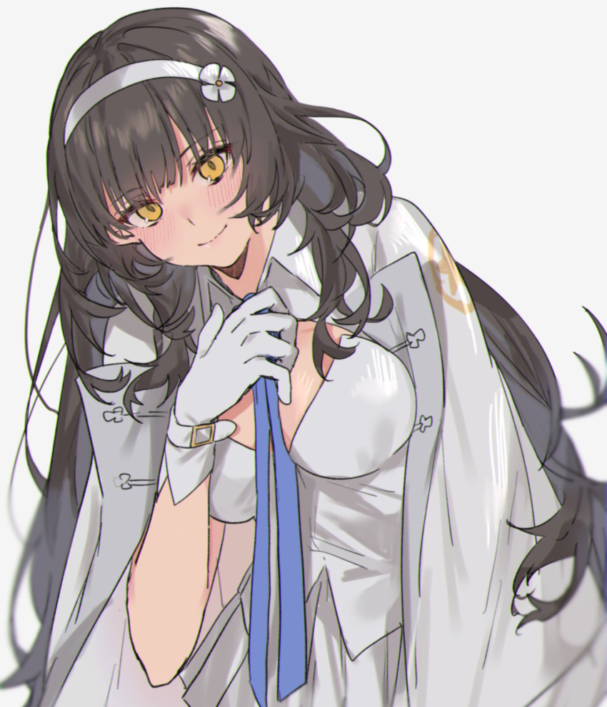 1girl aogisa blue_neckwear blush breasts brown_eyes brown_hair closed_mouth eyebrows_visible_through_hair girls_frontline gloves hairband highres holding_neckwear jacket leaning_forward long_hair looking_at_viewer medium_breasts qbz-95_(girls_frontline) smile solo white_background white_gloves