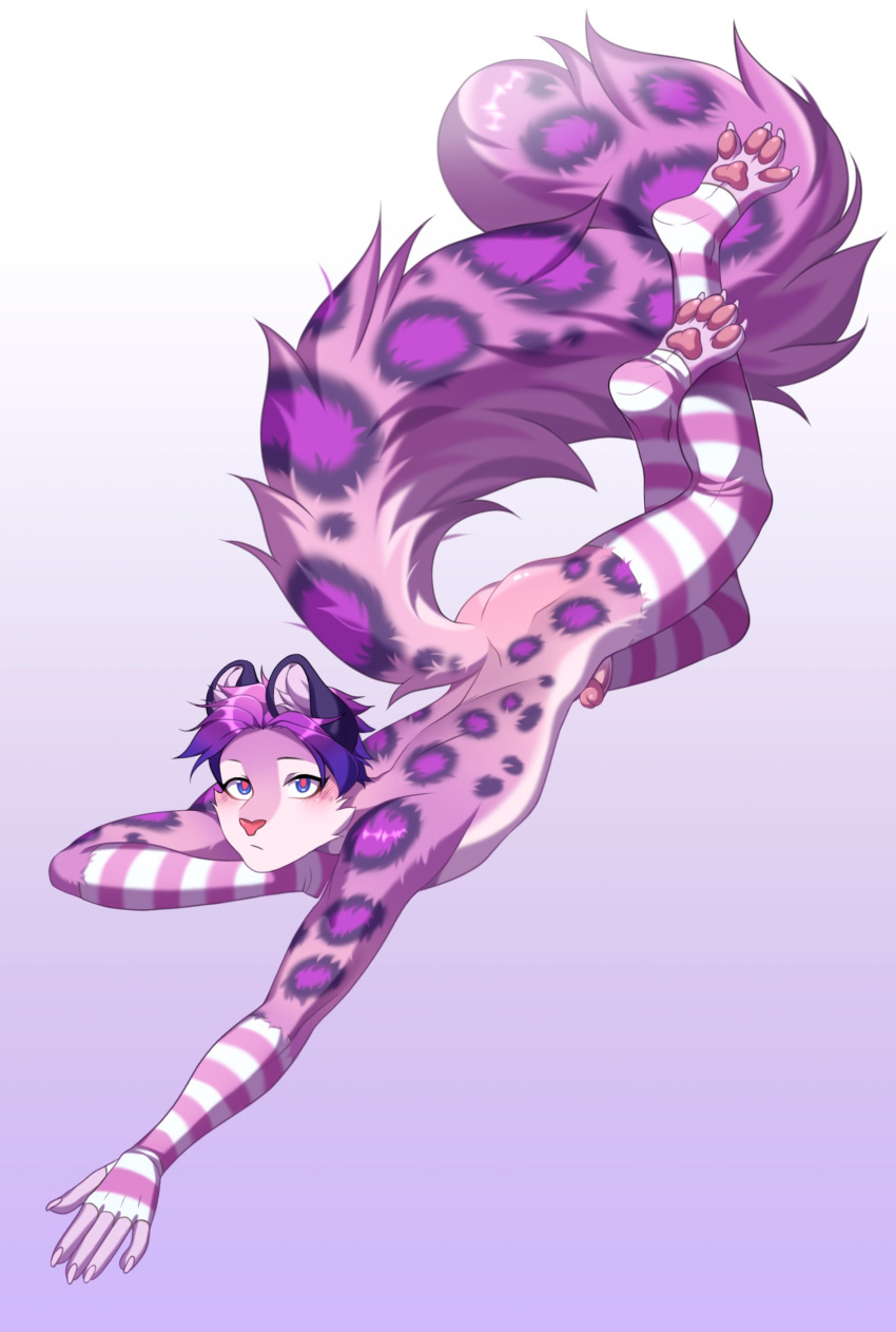 absurd_res anthro armwear big_tail clothing crossed_legs felid fluffy fluffy_tail genitals hair hi_res hindpaw legwear looking_at_viewer lying male mammal on_front pantherine pawpads paws penis purple_hair rokito snow_leopard solo spots thigh_highs