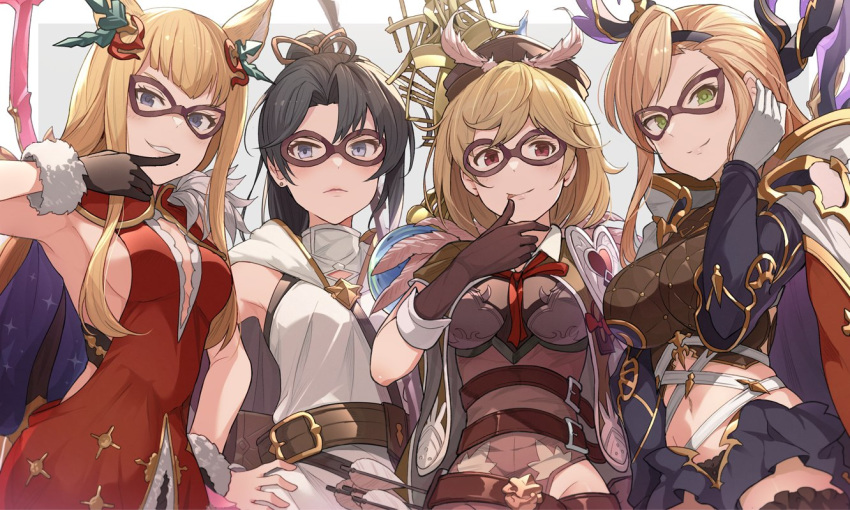 4girls animal_ears black_hair blonde_hair bow_(weapon) breasts djeeta_(granblue_fantasy) erune eye_mask granblue_fantasy head_wings hinami_(hinatamizu) long_hair looking_at_viewer mask metera_(granblue_fantasy) mole mole_under_mouth multiple_girls pointy_ears ponytail shitori_(granblue_fantasy) short_hair smile song_(granblue_fantasy) tongue tongue_out weapon