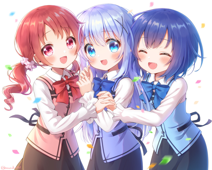 3girls :d ^_^ bangs black_skirt blue_bow blue_eyes blue_hair blue_neckwear blue_vest blush bow bowtie chimame-tai closed_eyes commentary confetti eyebrows_visible_through_hair facing_viewer fang girl_sandwich gochuumon_wa_usagi_desu_ka? hair_between_eyes hair_ornament hair_scrunchie highres holding_hands interlocked_fingers jouga_maya kafuu_chino long_hair long_sleeves looking_at_viewer low_twintails mozukun43 multiple_girls natsu_megumi open_mouth pink_vest rabbit_house_uniform red_bow red_eyes red_hair red_neckwear sandwiched scrunchie shirt short_hair simple_background skirt smile twintails twitter_username vest white_background white_shirt x_hair_ornament