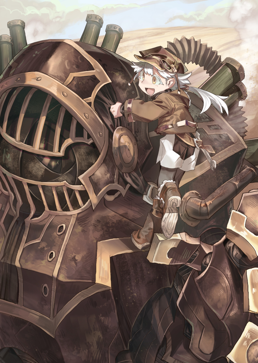 1girl belt black_pupils blush brown_belt brown_footwear brown_headwear brown_theme cloud cloudy_sky exhaust exhaust_pipe fur-trimmed_footwear fur_trim goggles goggles_on_headwear highres holding long_hair mecha open_mouth original outdoors pipes ponytail robot sand scratches shichigatsu size_difference sky smile steam steampunk turtleneck white_hair wrench yellow_eyes
