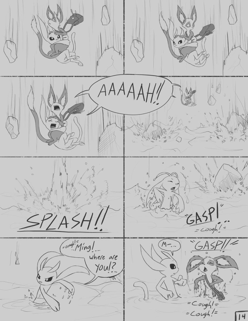 2020 bag comic dialogue digital_media_(artwork) duo english_text eyes_closed falling guardian_spirit hi_res male mammal ming moki_(species) monochrome open_mouth ori ori_(series) ori_and_the_blind_forest partially_submerged rock semi-anthro shupamikey sound_effects speech_bubble text video_games water