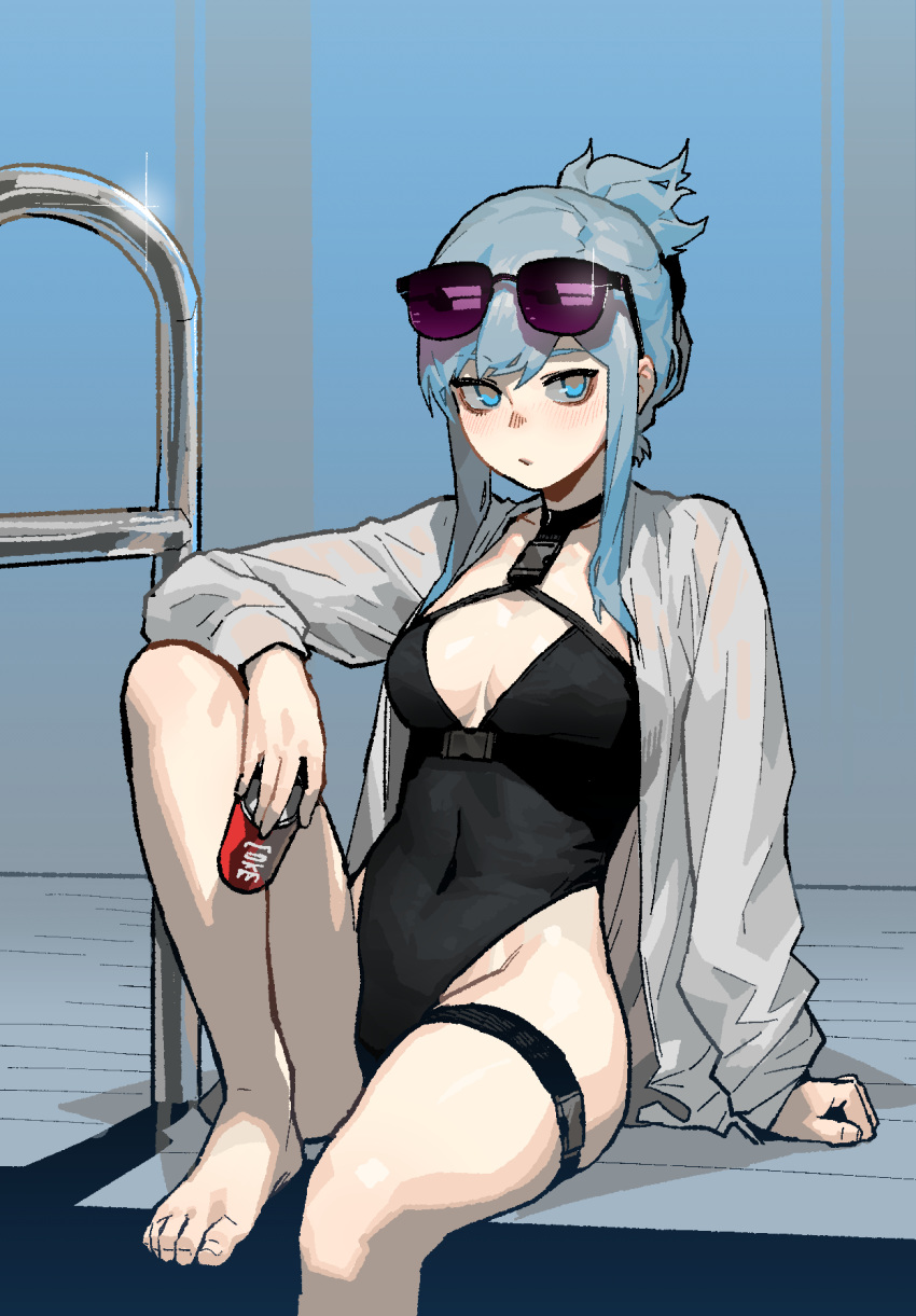 1girl bangs barefoot blue_eyes blue_hair blush breasts can cleavage closed_mouth covered_navel eyewear_on_head glasses glint gogalking hair_between_eyes highres holding jewelry long_hair long_sleeves looking_at_viewer neck_ring open_clothes original poolside shirt sidelocks sitting small_breasts soda_can solo sparkle sunglasses swimsuit thigh_strap white_shirt