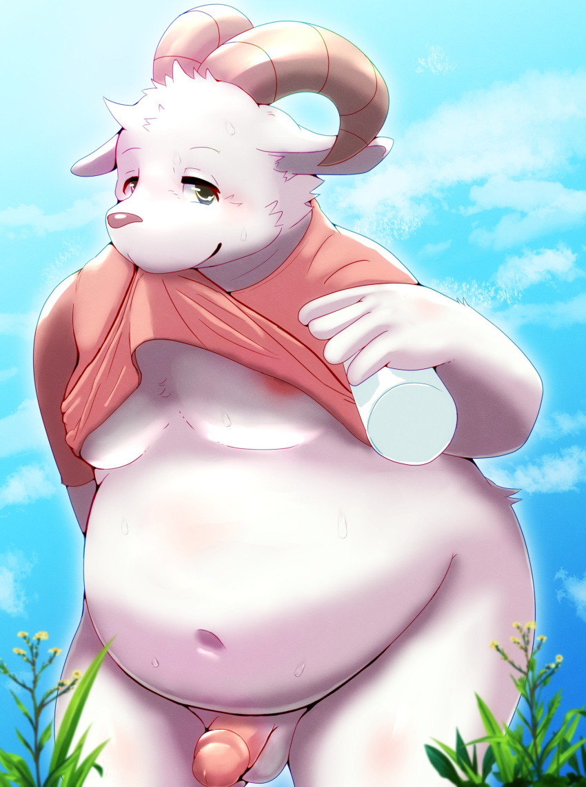 2020 absurd_res anthro anvel balls belly bovid caprine clothing fur genitals goat hi_res kemono male mammal moobs nipples overweight overweight_anthro overweight_male penis shirt solo topwear white_body white_fur yukio_ammy