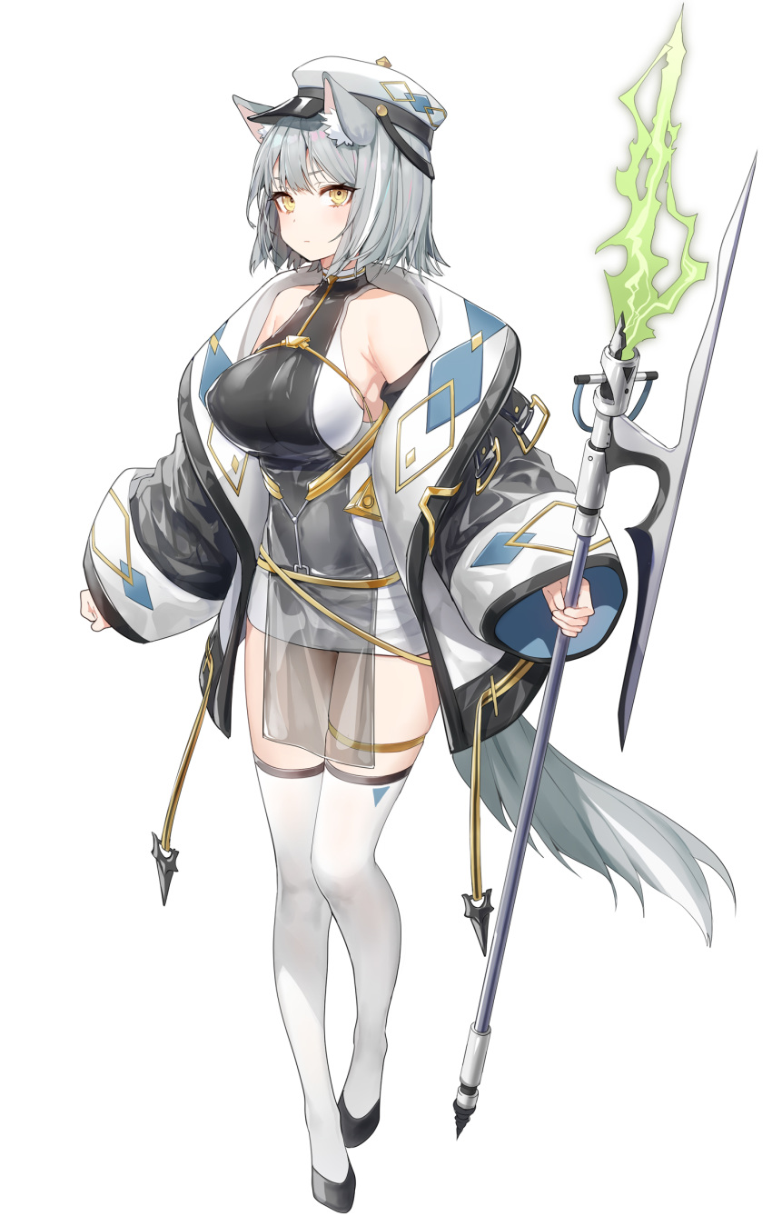 1girl animal_ear_fluff animal_ears armpit_crease bare_shoulders breasts coat dress frown full_body grey_hair halberd halter_dress hat highres holding holding_weapon large_breasts long_sleeves looking_at_viewer military_hat off_shoulder open_clothes open_coat original peaked_cap polearm ronopu see-through short_hair simple_background sleeveless sleeveless_dress solo tail thighhighs thighs two-tone_dress weapon white_background white_coat white_dress white_headwear white_legwear wide_sleeves wolf_ears wolf_girl wolf_tail yellow_eyes zettai_ryouiki