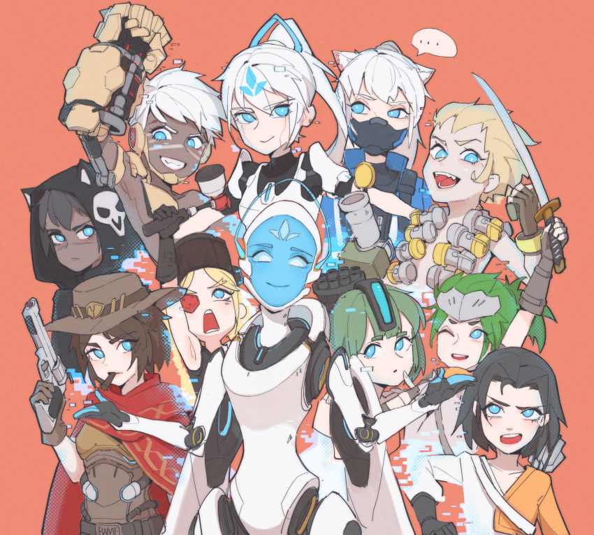 ... 6+girls absurdres animal_ear_fluff animal_ears arm_up armpits arrow_(projectile) bastion_(overwatch) black_gloves black_hair black_mask blonde_hair blue_eyes blue_sclera bomb brown_gloves brown_hair brown_headwear cigar clenched_teeth closed_mouth cowboy_hat dark_skin detonator doomfist_(overwatch) echo_(overwatch) eyebrows_visible_through_hair eyes_visible_through_hair facial_mark facial_scar fingerless_gloves fingernails gauntlets genderswap genderswap_(mtf) genji_(overwatch) glitch gloves green_hair gun hair_between_eyes hammer handgun hanzo_(overwatch) hat headgear highres holding holding_gun holding_hammer holding_sword holding_weapon hood hood_up junkrat_(overwatch) katana lan_mao_akko long_hair long_ponytail looking_at_another mask mccree_(overwatch) medium_hair mouth_mask multiple_girls nose_scar one_eye_closed open_hands open_mouth orange_background overwatch ponytail reaper_(overwatch) revolver robot scar short_hair simple_background skull smile soldier:_76_(overwatch) speech_bubble sword teeth tongue upper_teeth weapon white_eyes white_hair