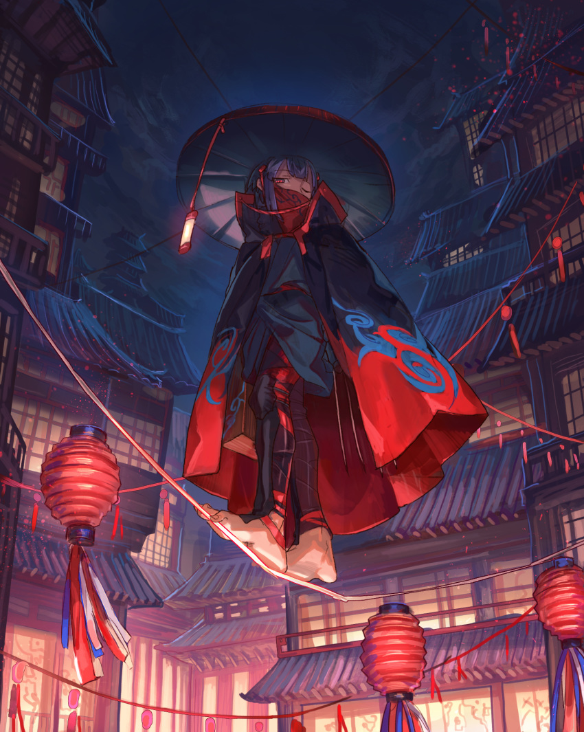 1girl architecture bandaged_leg bandages barefoot black_cloak building claw_(weapon) cloak cloud covered_mouth east_asian_architecture hat highres holding knee_pads kohari_(shichigatsu) lantern looking_at_viewer night night_sky one_eye_closed original outdoors paper_lantern purple_hair red_eyes red_headwear rice_hat rope_walking shichigatsu short_hair sky solo toenails walking weapon