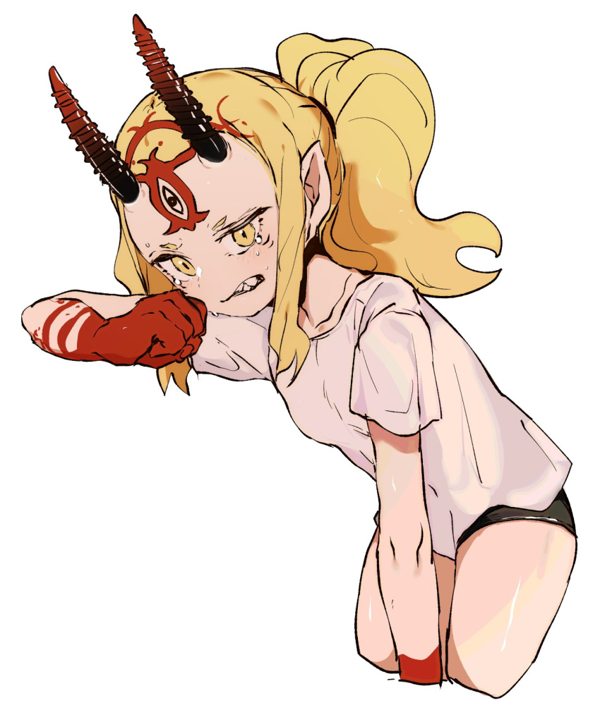 1girl bent_over between_legs blonde_hair clenched_hand ddari facial_mark fate/grand_order fate_(series) forehead_mark from_side hand_between_legs highres horns ibaraki_douji_(fate/grand_order) looking_at_viewer oni oni_horns petite pointy_ears ponytail sharp_teeth shirt short_eyebrows short_sleeves simple_background sketch solo tattoo teeth white_background white_shirt wiping_face yellow_eyes