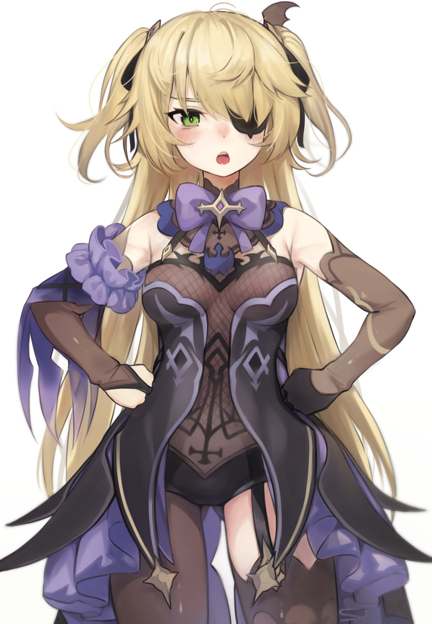 1girl :o absurdres armpits ass_visible_through_thighs bare_shoulders black_legwear blonde_hair bodystocking bow breasts dress elbow_gloves eyepatch fischl_(genshin_impact) garter_straps genshin_impact gloves green_eyes hair_ornament hair_over_one_eye hair_ribbon hands_on_hips highres long_hair looking_at_viewer open_mouth ribbon single_thighhigh small_breasts smile solo suzumiya_haruhi thighhighs torriet two_side_up