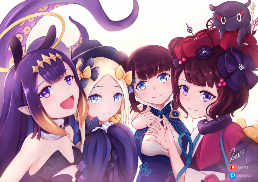 4girls abigail_williams_(fate/grand_order) absurdres artist_name bangs blue_eyes breasts china_dress chinese_clothes closed_mouth creator_connection dress english_commentary eyebrows_visible_through_hair fate/grand_order fate_(series) flower hair_flower hair_ornament hair_ribbon hat highres hololive hololive_english katsushika_hokusai_(fate/grand_order) long_hair long_sleeves looking_at_viewer mixed-language_commentary multiple_girls ninomae_ina'nis open_mouth parted_hair patreon_logo pixiv_logo pointy_ears purple_eyes ribbon self_shot short_hair small_breasts smile squid tentacles trait_connection virtual_youtuber yang_guifei_(fate/grand_order) zee_n3