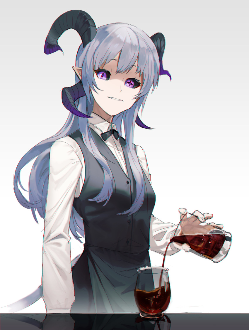 absurdres bow bowtie character_request coffee collarbone collared_shirt copyright_request eyebrows_visible_through_hair grey_background highres horns kupikuuu long_hair purple_eyes shirt sidelocks silver_hair smile waitress