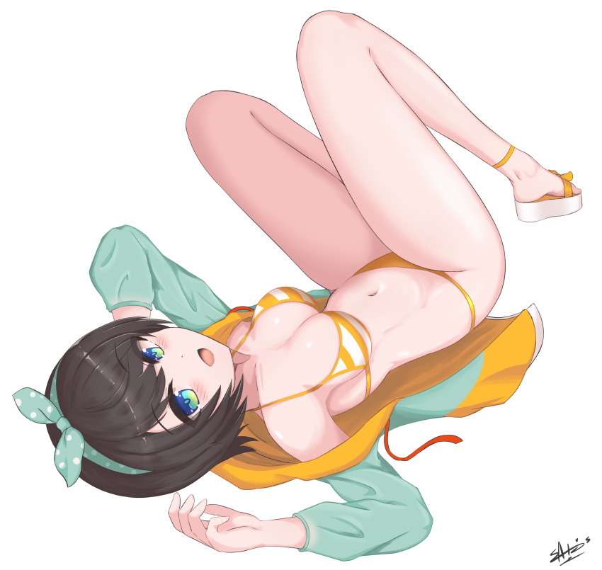 1girl :d absurdres armpits arms_up bangs bare_legs bare_shoulders bikini black_hair blue_eyes blush breasts cleavage collarbone commentary_request eyebrows_visible_through_hair full_body green_eyes green_hairband green_jacket green_ribbon hair_ribbon hairband highres hololive ichikawayan jacket knees_up looking_at_viewer lying medium_breasts multicolored multicolored_eyes navel off_shoulder on_back oozora_subaru open_clothes open_jacket open_mouth orange_bikini polka_dot polka_dot_hairband polka_dot_ribbon ribbon sandals short_hair signature simple_background smile solo striped striped_bikini swimsuit virtual_youtuber white_background white_footwear