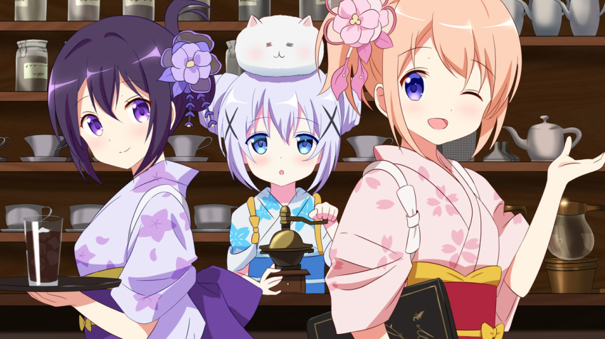 3girls ;d =_= angora_rabbit animal animal_on_head blue_eyes blue_hair blue_kimono blush brown_hair bunny chestnut_mouth closed_eyes closed_mouth coffee_grinder commentary_request cup derivative_work double_bun drinking_glass floral_print flower folded_ponytail gochuumon_wa_usagi_desu_ka? hair_flower hair_ornament holding holding_tray hoto_cocoa ice ice_cube indoors japanese_clothes kafuu_chino kimono looking_at_viewer menu multiple_girls obi on_head one_eye_closed open_mouth parted_lips pink_flower pink_kimono print_kimono purple_eyes purple_flower purple_hair purple_kimono sash short_sleeves smile tasuki tedeza_rize tippy_(gochiusa) tray upper_body wide_sleeves x_hair_ornament yutsuki_warabi