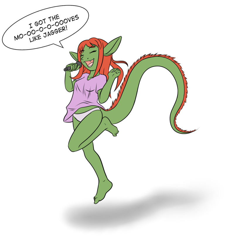 anthro barefoot clothed clothing dragon dragonkai english_text eyes_closed female green_body green_scales hair hi_res kaya_(twin_dragons) panties partially_clothed scales scalie shirt simple_background singing solo teenager text thenekoboi topwear twin_dragons_(webcomic) underwear young