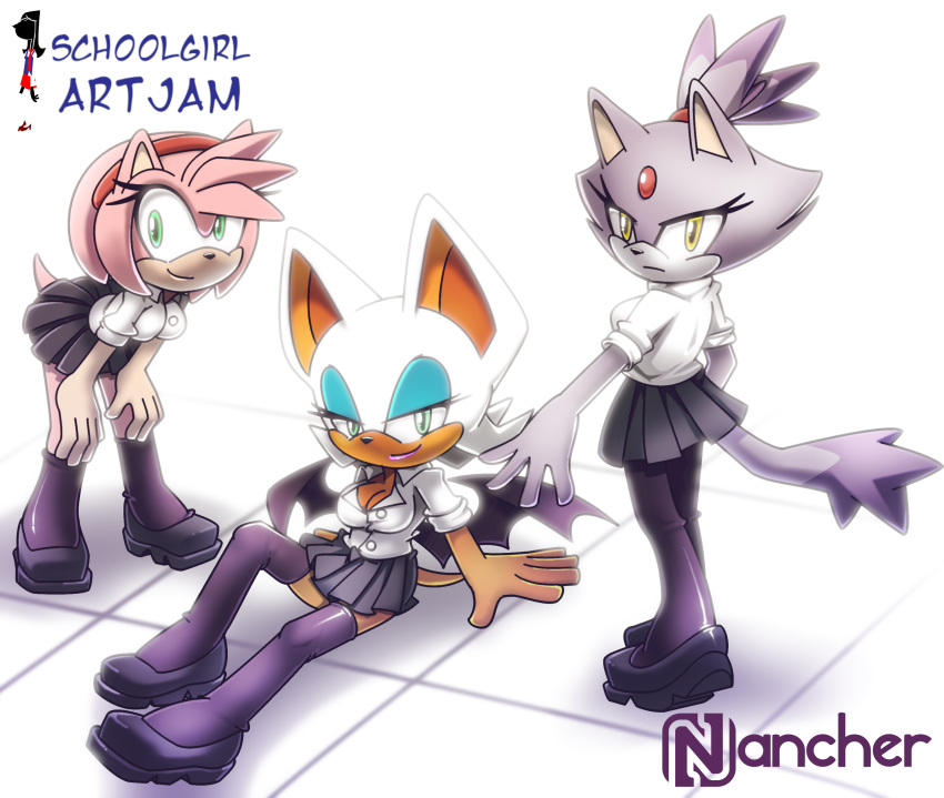 amy_rose anthro blaze_the_cat breasts chiropteran cleavage clothed clothing domestic_cat english_text eulipotyphlan felid feline felis female footwear forehead_gem group hedgehog hi_res legwear looking_at_viewer mammal nancher pantyhose rouge_the_bat school_uniform sitting socks sonic_the_hedgehog_(series) text thigh_highs thigh_socks uniform wings