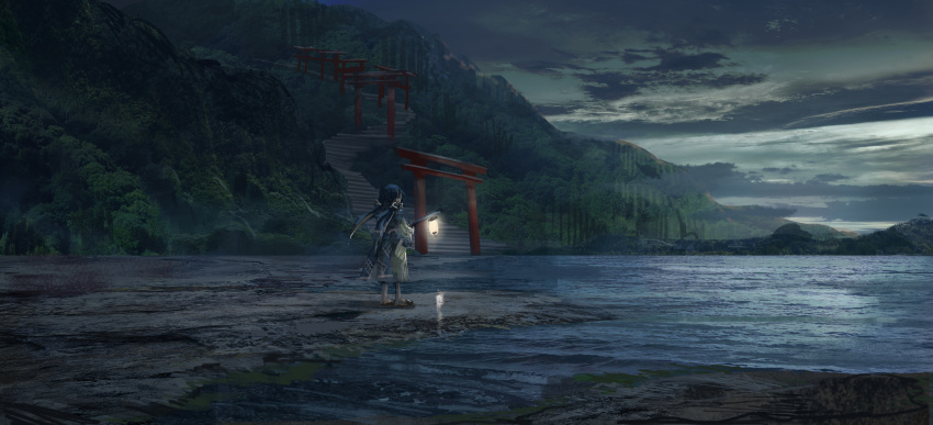 1girl absurdres beach blue_hair cloud dusk forest from_behind highres holding holding_lantern japanese_clothes kimono lake lantern long_hair mountain multiple_torii nature original outdoors sandals scenery shichigatsu sky solo stairs standing torii transparent tree twintails water yayoi_(shichigatsu)